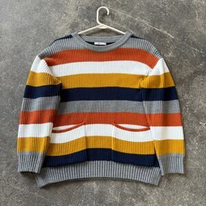 Tu Cardigan Oversized Sweater Womens L 12 Striped Knit Gray Blue Crop Preppy